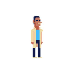 Scientist male character. Pixel art. People profession in chemistry, biotechnology and chemical research science. Isolated vector illustration. Man in white coat.