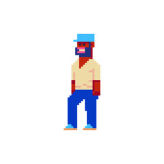 Brutal man in a blue cap with a beard. Pixel art style character. Avatar, portrait, profile picture.  Game assets.  8-bit. Isolated vector illustration.