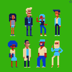 Pixel art people video game characters set design on the topic shopping traveling business. 80s style. Various male and female character, girls and men. Game assets 8-bit. Isolated vector illustration