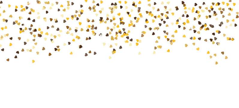 Gold hearts confetti isolated on white background. Vector illustration. Falling golden hearts confetti and sparkles for party decoration, birthday celebrate, banner, anniversary. Festival decor.