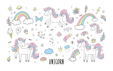 Cute cartoon character unicorn and set of design elements. Vector print. Unicorn and magic