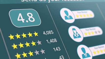 webpage form to give feedback about customer service, quality rating or product review, from 1 to 5 stars, number counter and score (3d render)