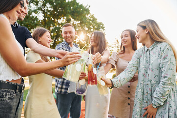 Having a drink. Group of young people have a party in the park at summer daytime