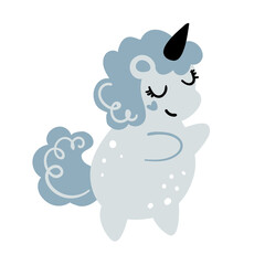 Cute blue baby unicorn, vector character isolated on white background. Illustration for baby shower, invitation, birthday. Magic animal, print for card, t-shirt.