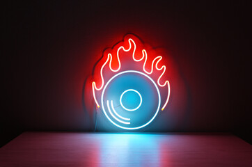 Blue vinyl record sign with orange fire. Neon concept. Modern style. Neon sign. Party background. 