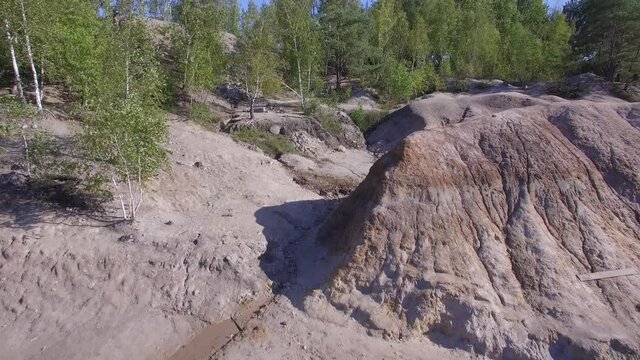 a beautiful place on the bank of a quarry, clay hills, clear water, beautiful relief