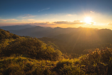 Sunset over the mountain range with colorful sky and amazing landscape on Doi Langka Luang 2,031...
