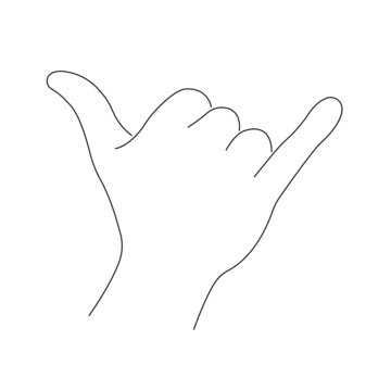 Outline hand gesture of Shaka. Sign call me. Silhouette black linear style on a white background. Vector isolated illustration