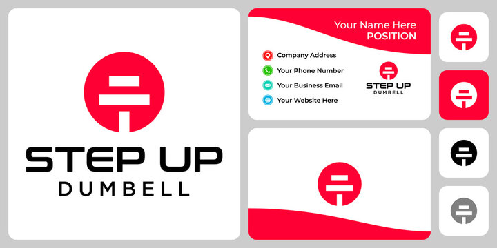Dumbbells and stairs logo design with business card template.