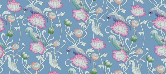 Kalamkari Flowers Outline Seamless Pattern, Outline Seamless Pattern