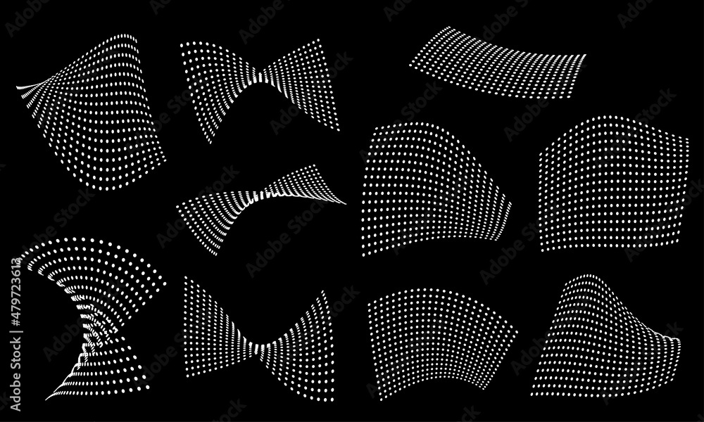 Poster abstract dotted wave shape set. futuristic geometric elements with dots texture. vector illustration