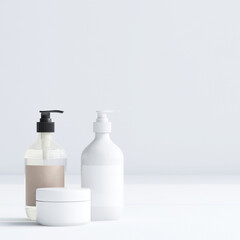 3D render mock up, a set of skincare product containers pump bottles and jar with blank label on a white clean background. Cosmetic, Hygienic, Packaging, Bath and body, Mockup, Black, Liquid, HDPE, PE