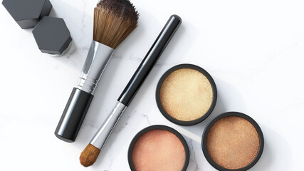 Realistic 3D render top view a set of variety brush-on colors with professional makeup brush and...