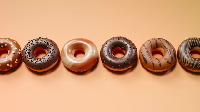 Chocolate colorful glazed donuts. Seamless looping animation. Sweet dessert.