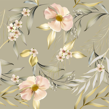 Vector seamless pattern with gold  leaves. Exotic botanical background design for cosmetics, spa, textile. Best as wrapping paper, wallpaper.