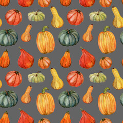 Ripe pumpkin seamless pattern. Illustration of vegetables are drawn by hand in watercolor on a grey background. Vintage natural elements isolated on white background. 