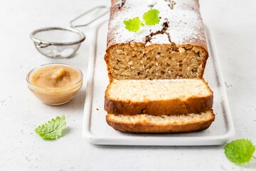 Vegan gluten free apple sauce cake. Space for text.