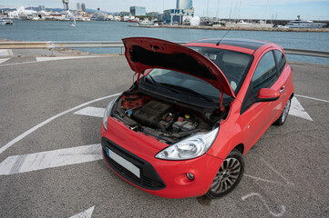 Fototapeta premium Small red brand city utility car, detail engine