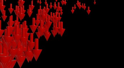 Red glossy pointers show downward trend isolated on black background. Market crash concept decline symbols. 3d render illustration. Stock market and crypto crash concept.
