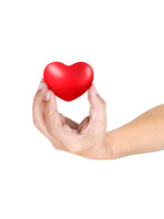 A Man hand holding red heart, isolated on white background