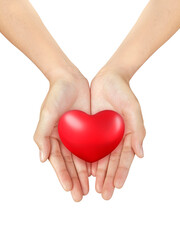 Beautiful woman hand holding a Big Red Heart on a white isolated background