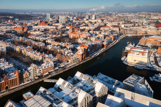 Aerial view of the Main town of Gdansk at snowy winter, Poland