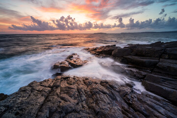 Magnificent colorful seascape with picturesque rocks near Sinemoretz in Bulgaria at sunrise