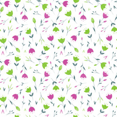 Green, pink flowers on white background seamless pattern. Baby doll, ditsy botanical print. Floral ornament for wallpaper, wrapping paper, fabric, textile, apparel and decoration.