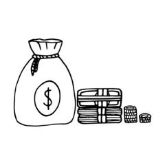 bag with money, banknotes and coins - banking concept. hand drawn in doodle style. vector, line art, nordic, scandinavian, minimalism, monochrome. icon, sticker. bank, economics, business, finance.