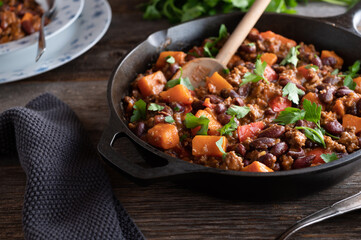Bean stew with ground beef, sweet potatoes and vegetables