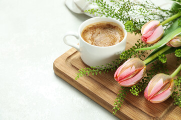 Hello spring concept on white textured background, space for text