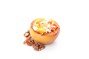 Stuffed baked apple isolated on white background