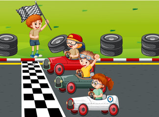 Soapbox derby scene with children racing car