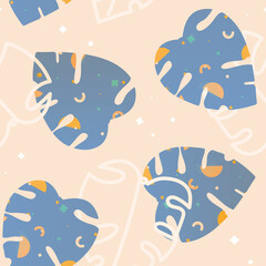 Naklejka premium Vector Monstera Leaves with Magical Abstract Texture seamless pattern background. Perfect for fabric, scrapbooking and wallpaper projects.