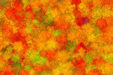Abstract illustration of layers of different size maple leaves in orange and green.  Autumn concept.