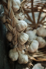 Garlic in a rustic basket.