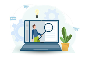 Young happy man holding magnifying glass and examining check list or document, business analysis, audit, research concept, online conferencing concept, flat vector illustratiion