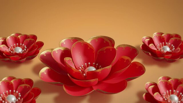 Stylised traditional Chinese red colored paper flowers, golden ornaments on petals, white pearls in centre. Orange, yellow background. Chinese New Year Lunar spring festival decoration. 3D Render clip
