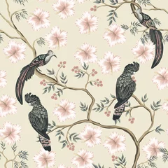 Tapeten Papagei Weinlesegartenbaum, Blumen, Vogelblumennahtloses Muster heller Hintergrund. Exotische Chinoiserie-Tapete.