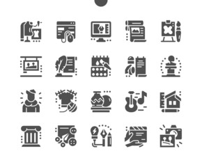 General arts. Sculpture, architecture, web design, fashion design, printing and other. Museum, artist. Visual inspiration. Vector Solid Icons. Simple Pictogram