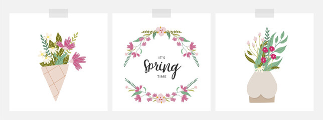 Collection of spring cards with flowers - in vase, in paper bouquet, floral frame. Pretty vector decorations isolated on white.