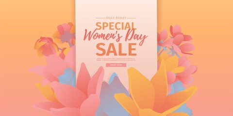 Banner for the International Womens Day. Flyer for March 8 with the decor of flowers. Invitations with the number 8 in the modern style with a pattern of spring plants, leaves and flowers. Vector
