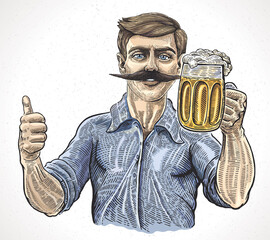 Brewer, or a man who drinks beer with a mug of beer in one hand, and with a raised finger pointing up to positive emotions.