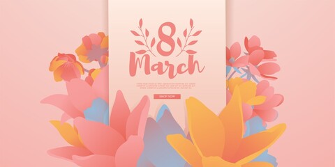 Banner for the International Womens Day. Flyer for March 8 with the decor of flowers. Invitations with the number 8 in the modern style with a pattern of spring plants, leaves and flowers. Vector