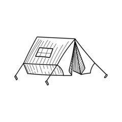 Hand drawn tent doodle icon. Hand drawn black sketch. Sign symbol. White background. Isolated. Flat design.