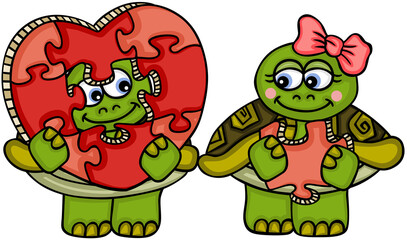 Valentine couple turtles with heart puzzle of love