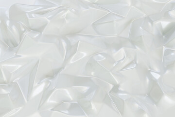 White abstract background, the surface is formed by a crumpled, wrinkled shiny fabric with chaotic bumps, folds and dents, 3D illustration. Textile backdrop for design.