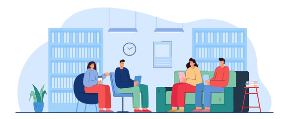 College students with books sitting in reading room together. Group of teenagers or adult persons on sofa and chairs flat vector illustration. Education concept for banner or landing web page
