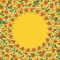 Floral background illustration of a mass of colorful daffodil flowers border on a yellow background with space for text.