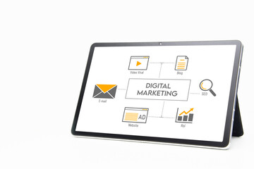 Digital Marketing , Social Media Advertisement Connection Concept on tablet